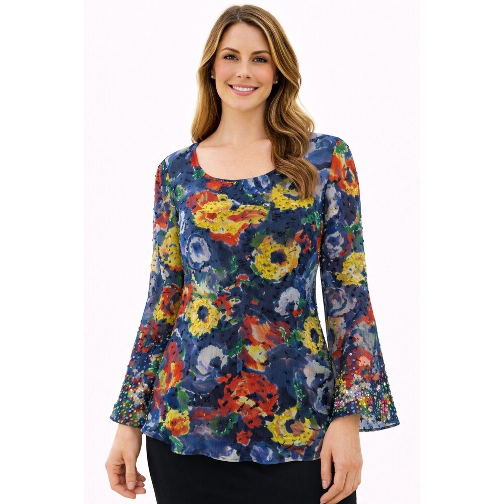 Alice + Olivia Womens Blouse M Sheer Floral Beaded Multicolor Lined Bell Sleeve